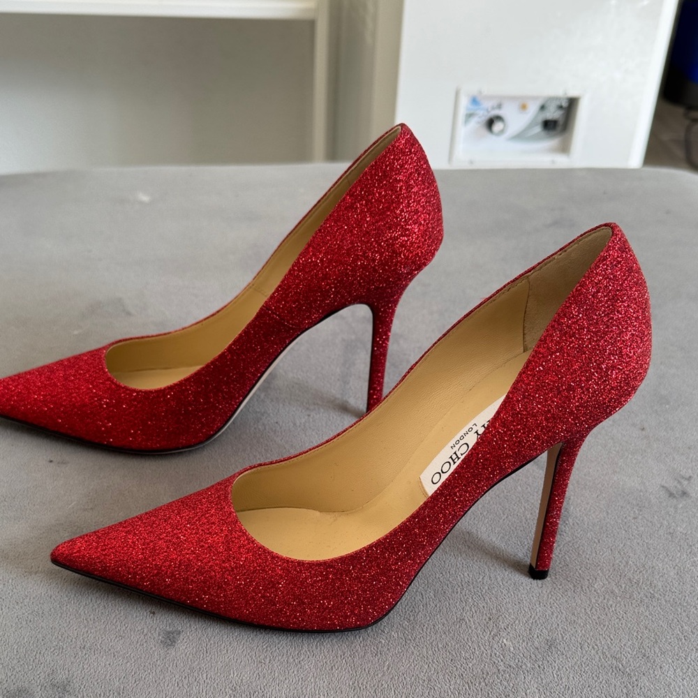 Jimmy Choo Red Glitter Pointed-Toe Stiletto Pumps - Picture 2 of 5